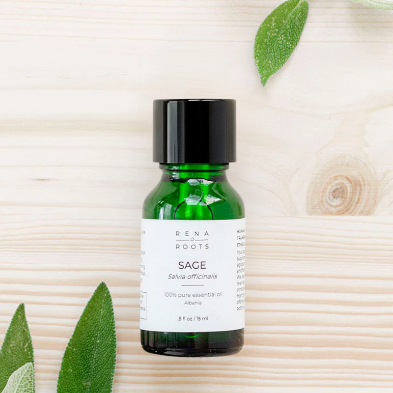 Pure Sage Essential Oil bottle with sage leaves – organic aromatherapy oil for clarity, focus, and emotional balance