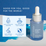 Blue  Rena Roots Afghan Rose Serum bottle with dropper on a blue and white background with text of product benefits