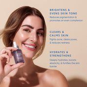 Woman holding a skincare product with text about its benefits on a beige background