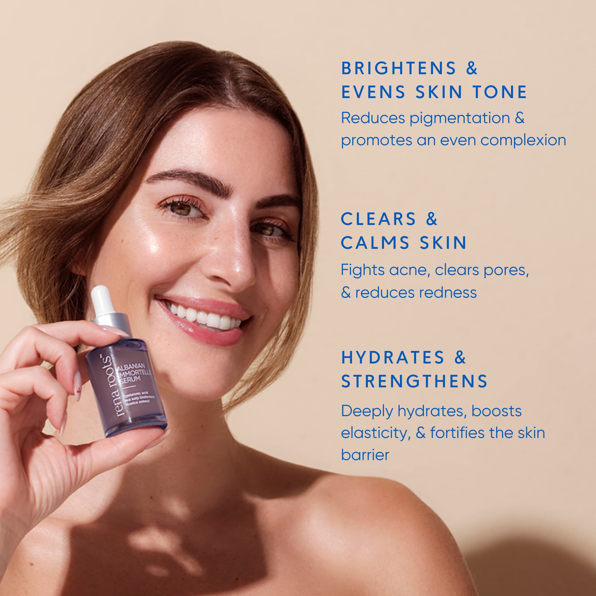 Woman holding a skincare product with text about its benefits on a beige background